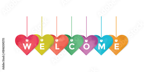  Colorful hanging Welcome Heart  on White Background for festive greetings, 