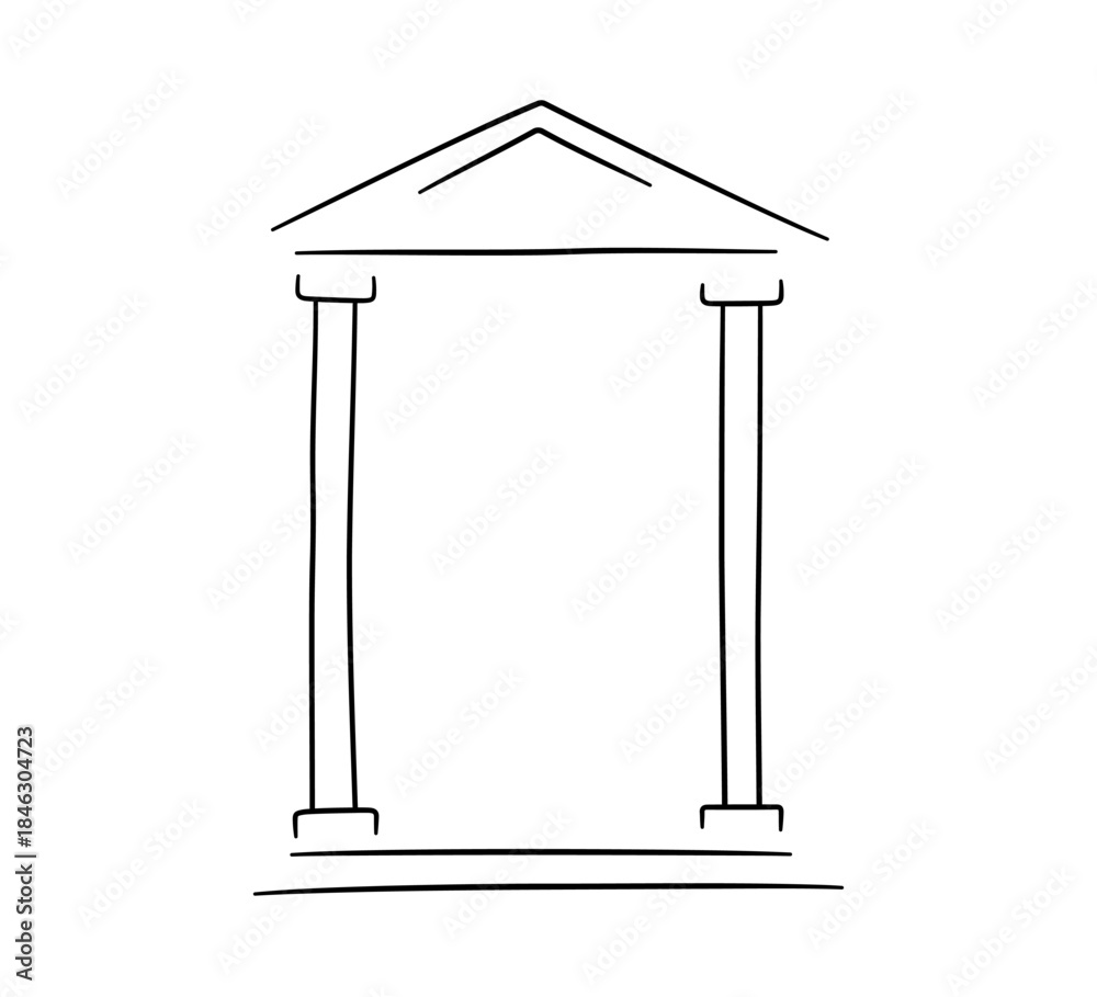 Naklejka premium Doodle frame in antique Greek building style. Hand drawn Roman pillar and Greek column. Ancient museum doodle icon. Hand drawn line border and frame. Vector illustration isolated on white background.