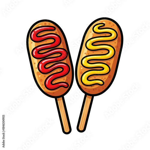 two corn dogs on wooden sticks