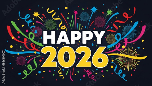 A Colorful Celebration for 2026: An eye-catching graphic illustration spells out Happy 2026, exploding with vibrant confetti, streamers and fireworks.