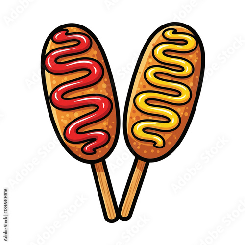 two corn dogs on wooden sticks