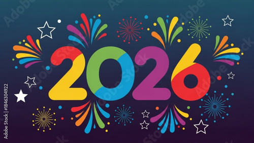 Celebratory 2026: A vibrant and colorful display of fireworks and stars illuminate the arrival of the year 2026, creating a festive atmosphere.