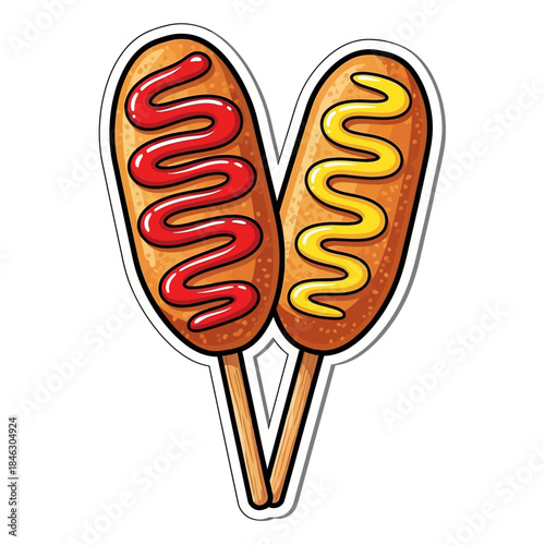 two corn dogs on wooden sticks