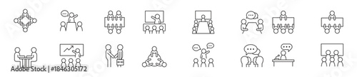 Business meeting, conference, seminar & Interview icon set in thin line style