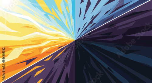 Intense Abstract Radial Background with High-Speed Movement and Sharp Geometric Shapes in Blue, Yellow, and Orange