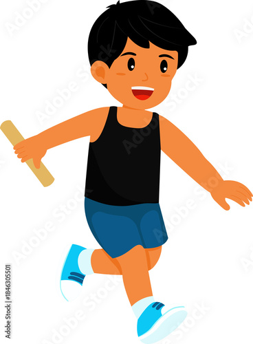 Illustration of Happy Boy Running Relay Race With Baton