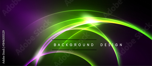 Abstract neon lines create vibrant curves. Purple, green hues dominate dark background. Text reads background design.