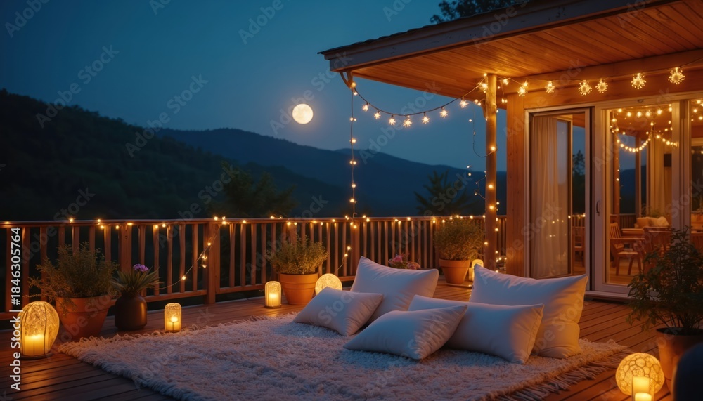 Fototapeta premium Modern balcony at night under full moon. String lights glow warmly on wooden deck with plush pillows and lanterns creating cozy atmosphere. Serene mountain view.