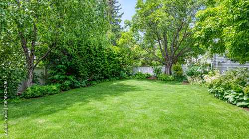 Lush green backyard with trees and plants in bright daylight during the summer season