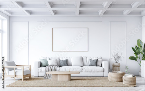 Modern living room design with white furniture and natural elements in bright indoor space