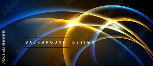 Abstract design features flowing lines, vibrant blues, oranges. Dynamic curves create luminous effect against dark backdrop. Modern, elegant presentation.
