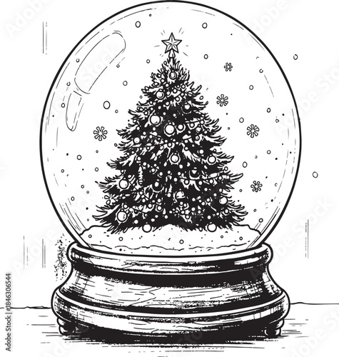 Golden Christmas tree decorated with a 3d glass snow globe and a festive ball ornament for a winter holiday celebration gift card.