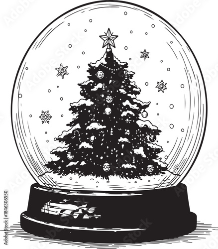 Golden Christmas tree decorated with a 3d glass snow globe and a festive ball ornament for a winter holiday celebration gift card.