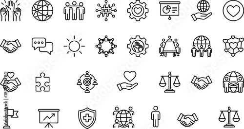 Social responsibility outline icon set with community, teamwork, global care, charity, justice symbols for web, branding, UI design