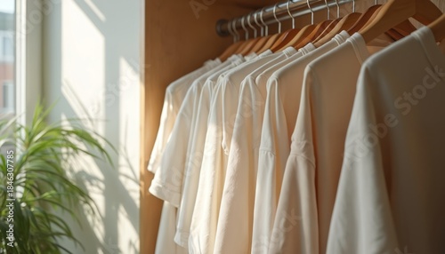 Minimalist closet with rows of neatly hung white shirts. Soft sunlight streams through window, illuminating organised clothes and green plant. Implies freshness and simplicity in domestic life.