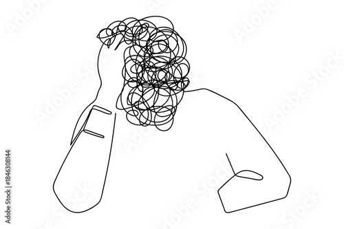 A continuous line of a man covering his head with his hands, his thoughts racing. Single line draw design vector graphic illustration Editable stroke.