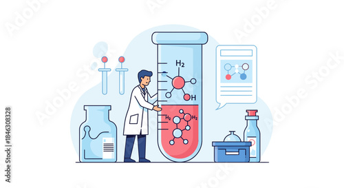 Dedicated scientist meticulously analyzing molecular structure inside a massive laboratory test tube for breakthrough discovery