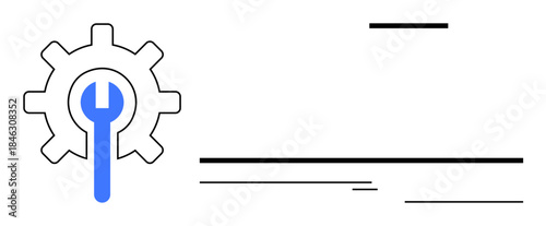 Gear and wrench combination representing technical repair and problem-solving. Minimalist design emphasizing settings, optimization, engineering, tools, repair, system updates, innovation. A simple