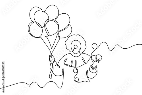 A continuous line of clowns holding balloons. Single line draw design vector graphic illustration Editable stroke.