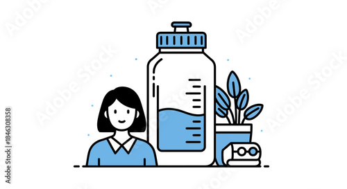 Smiling woman next to large water bottle promoting healthy hydration and wellness habits in modern minimalist style
