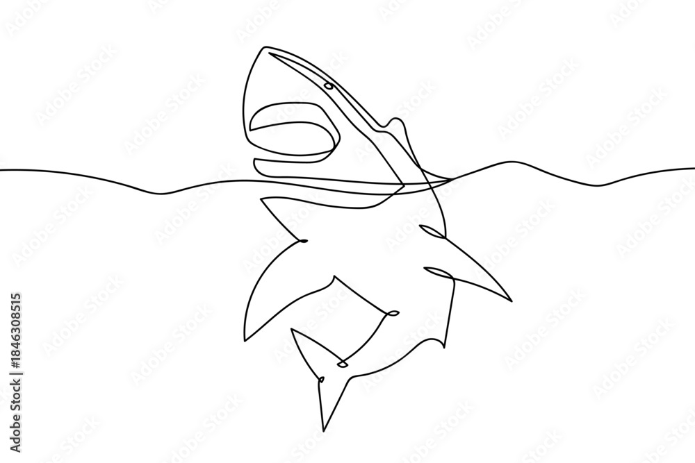 Fototapeta premium A single, continuous line of sharks' heads surfacing from the water. Single line draw design vector graphic illustration Editable stroke.