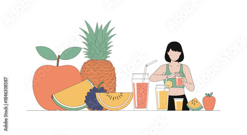 Woman preparing vibrant fresh fruit juice surrounded by healthy whole fruits for a perfect wellness lifestyle promotion