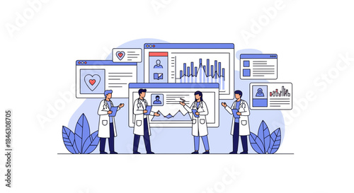 Dynamic team of medical professionals analyzing patient data and health statistics on floating digital dashboards