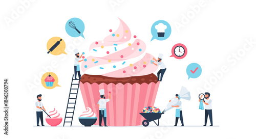 Small team of dedicated bakers meticulously crafting a stunning giant cupcake for perfect dessert creation