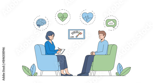 Professional therapist guides client toward low stress levels during supportive mental health counseling session
