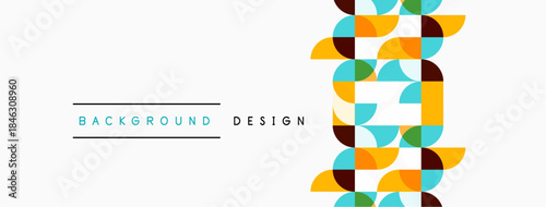 Abstract geometric pattern. Colorful overlapping semicircles create dynamic visual effect. Minimalist design with text elements.