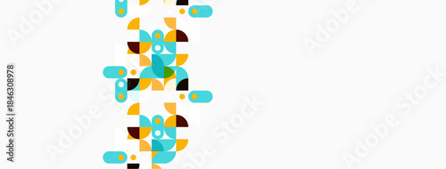 Abstract geometric shapes, teal, yellow, brown. Minimalist design with scattered elements, clean background. Modern aesthetic, simple composition.