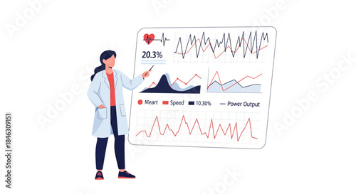 Professional female scientist analyzing dynamic biometric data charts showing heart rate and power output trends