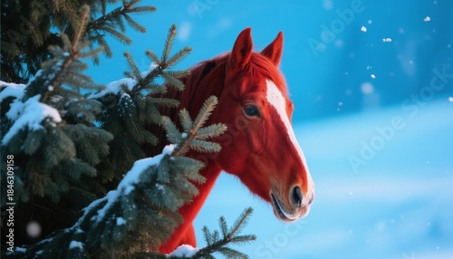 Red horse looking out from behind pine tree in winter wonderland
