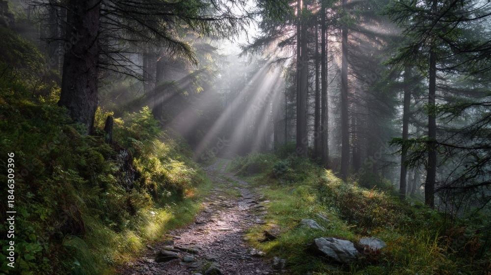 Fototapeta premium Sunlit Forest Path Winding Through Tall Evergreen Trees.