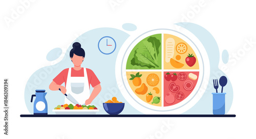 Dedicated home cook prepares fresh healthy meal following balanced nutrition plate guidelines for wellness