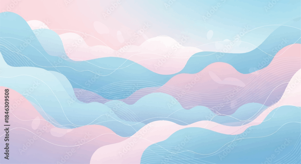 Fototapeta premium Soft Pastel Gradient Wavy Landscape Background with Abstract Hills or Clouds in Pink and Light Blue Tones