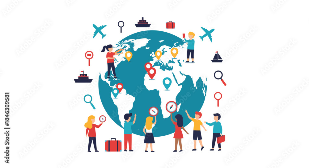 Obraz premium Diverse group of travelers planning global journeys around a stylized Earth with location pins and transit icons