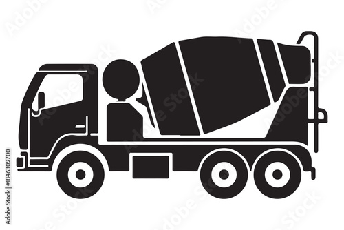  Simple black and white icon illustration of a heavy construction vehicle cement mixer truck silhouette