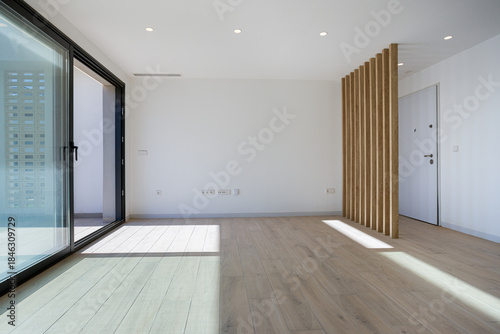 Minimalist room with wood divider and sliding glass door