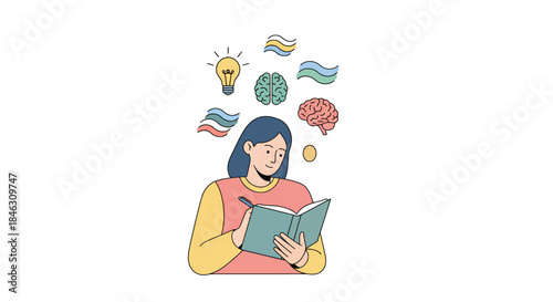 Focused woman captures brilliant ideas and thoughts in notebook symbolizing creativity and mental process development
