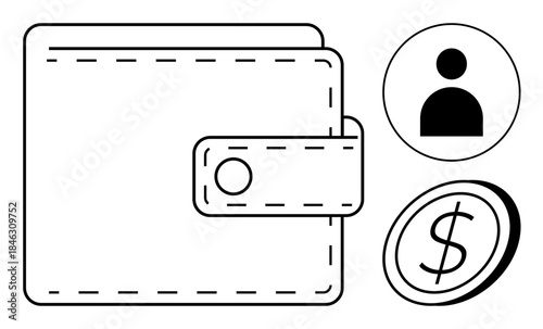 Finance management, personal identity, online payments, cashless transactions, e-wallets, business tools. Wallet graphic with coin and user profile. Finance management and personal identity concept