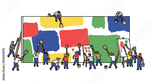 Dynamic team collaborating enthusiastically to paint a vibrant abstract mural symbolizing unity and creative project success