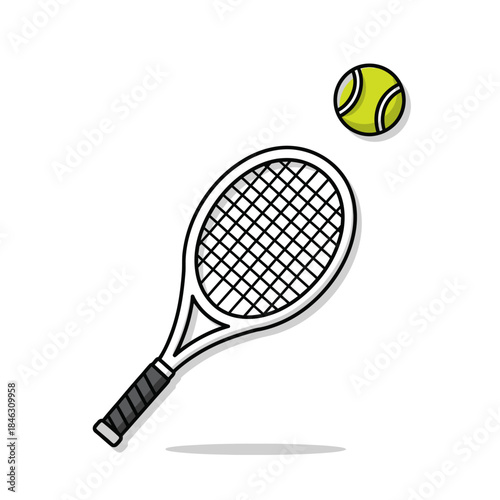 Illustration of a tennis racket and ball ready for a match.