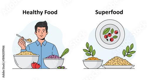 Man comparing healthy food choices versus nutrient dense superfood options for optimal wellness and diet planning