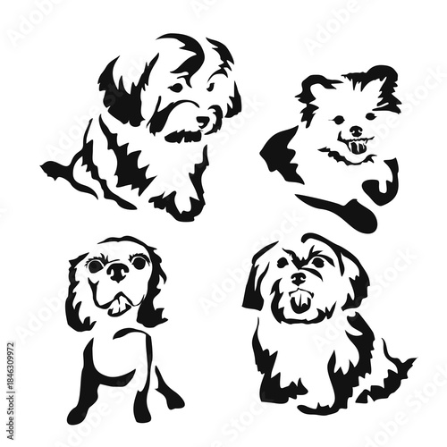 Vector drawing of a dog. Black and white gestalt design of a funny pet. Little doggy. Cute animal illustration. Postcard for International Dog Day. Drawing of an animal in the Gestalt style.	
