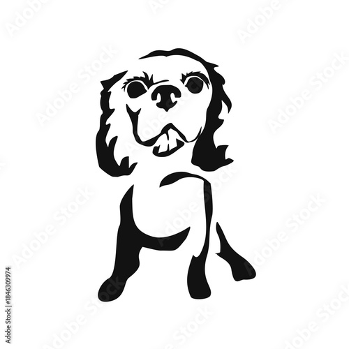 Vector drawing of a dog. Black and white gestalt design of a funny pet. Little doggy. Cute animal illustration. Postcard for International Dog Day. Drawing of an animal in the Gestalt style.	
