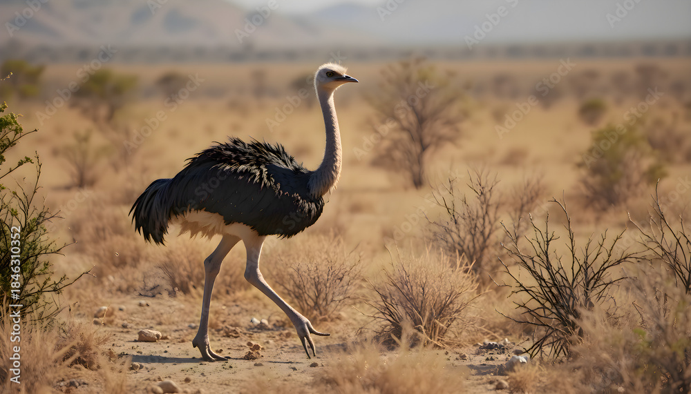 Naklejka premium Ostrich walking across desert landscape, wildlife scene showing movement, arid environment and adaptation of large bird to dry natural conditions