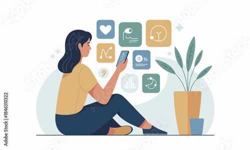 Woman comfortably tracks personal wellness metrics using modern health application interface on smartphone device