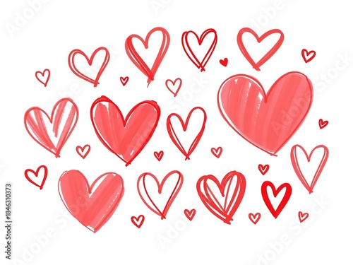 Wallpaper Mural Cute hand-drawn hearts in red brush strokes, varied styles including marker, shaded, and love symbols,  design,  pattern Torontodigital.ca