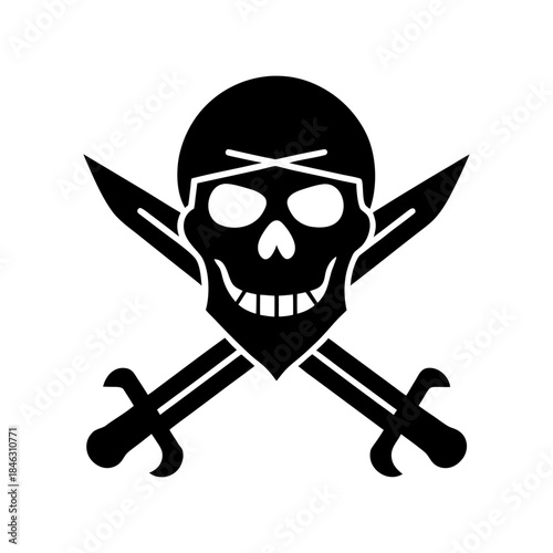 Black and White Pirate Skull Logo with Swords and Eye Patch.